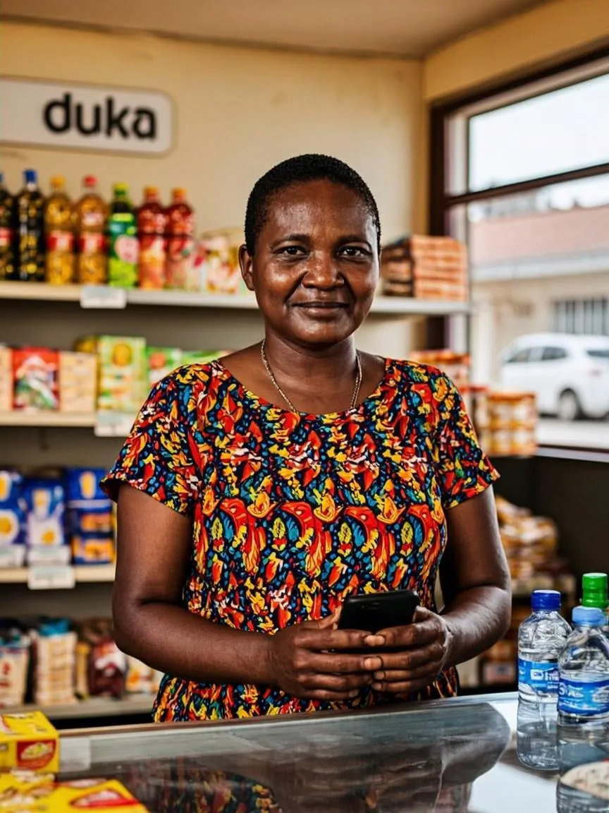 Confident Black Kenyan woman shop owner in a colourful kitenge blouse standing in her neighbourhood duka with household goods on shelves, warm afternoon light